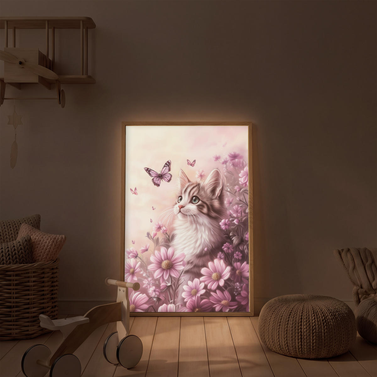 NACHTTISCHLAMPE MIT AKKU Kätzchen - Blumen - Schmetterlinge - Lila 70x100 cm - Altrosa, Holzwerkstoff (8/70/100cm) - OnlyWow