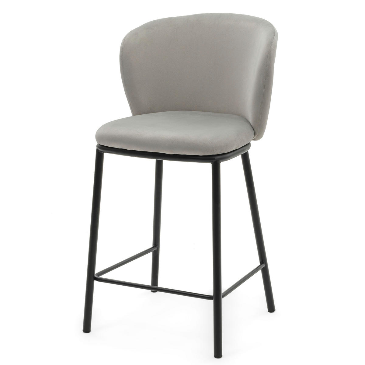 BARHOCKER BARI gepolsterter mit Steppung - hellgrau - Samt Velour - Hellgrau/Schwarz, Textil/Metall (55/94/57cm) - NEW HOME