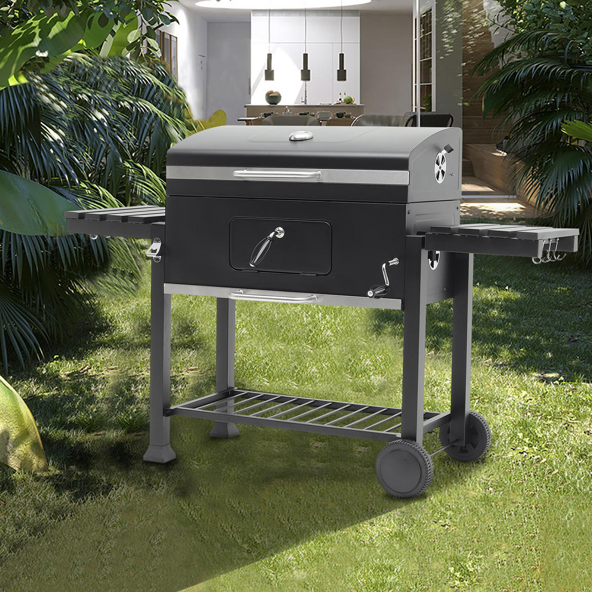 HOLZKOHLEGRILL aus Karbonstahl in Schwarz Tragbarer für den Außenbereich mit Seitenablagen 183 cm B x 40 cm T x 108 cm H - Schwarz, Metall (183/108/40cm) - Livingandhome
