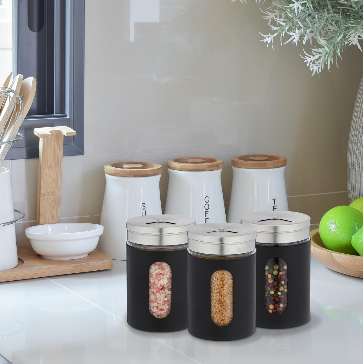 6xGEWÜRZSTREUER - Schwarz, Glas/Metall (7/11/7cm) - Relaxdays