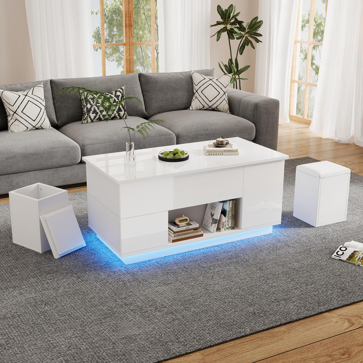 KONFERENČNÍ stolek 100/50/45 cm bílý z dřevotřísky s LED osvětlením a výškovým nastavením - bílá, kompozitní dřevo (100/50/45cm) - OKWISH