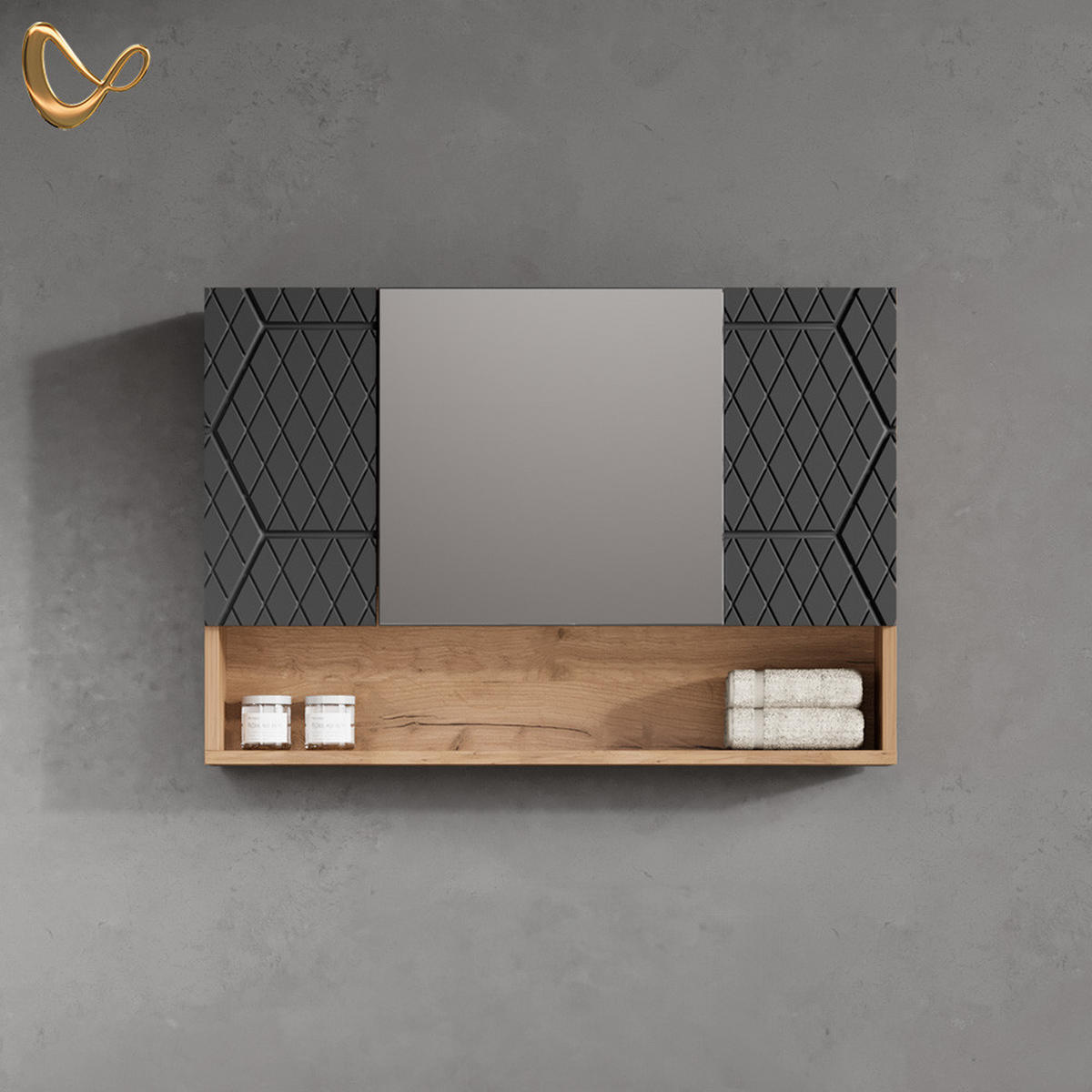 BADSPIEGELSCHRANK Ronco Anthrazit gestreift 80 x 55 cm - Anthrazit/Eiche Wotan, Holzwerkstoff (80/55/17cm) - Livinity®