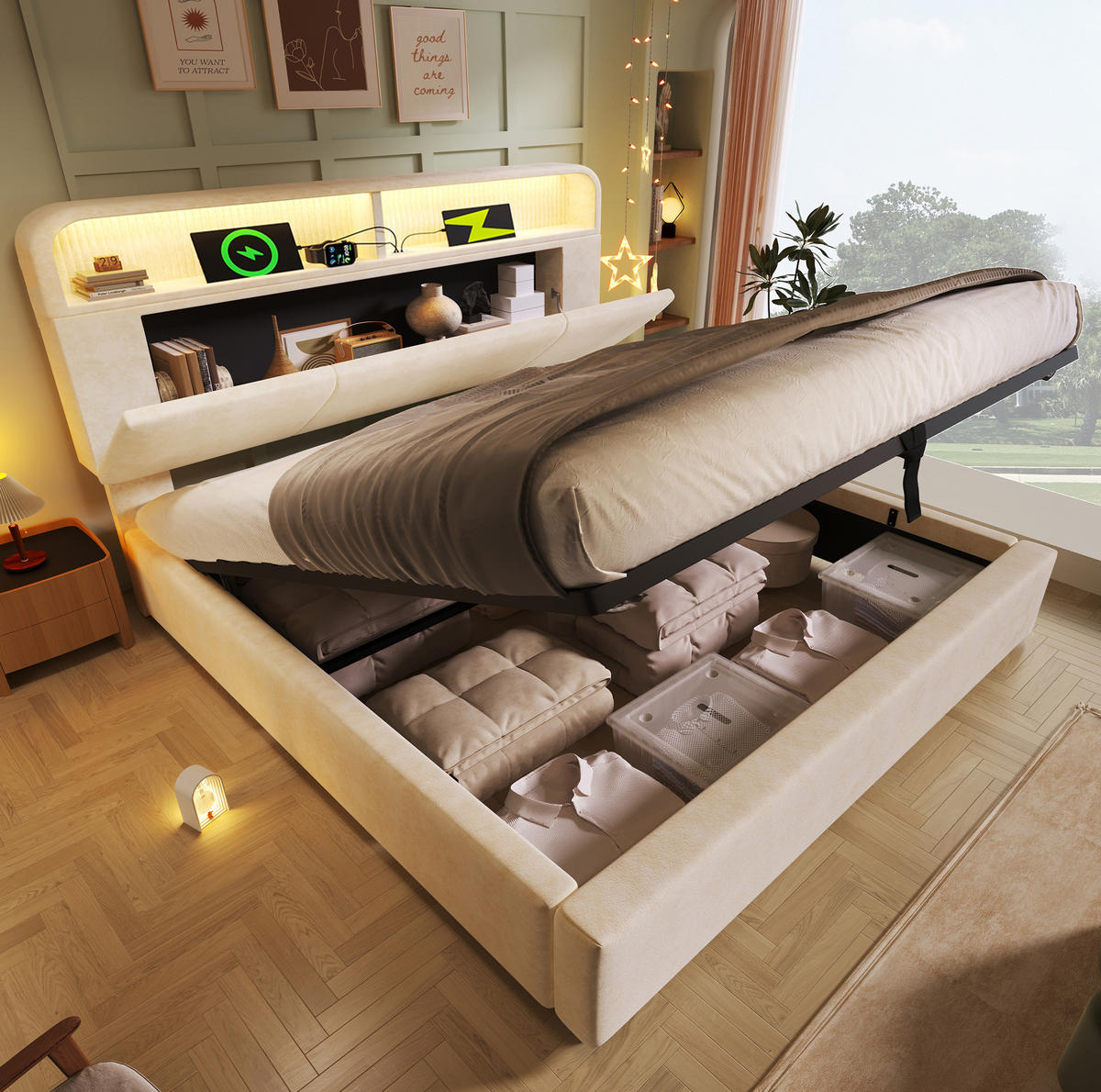 SAMT-POLSTERBETT 140/200 cm mit Bettkasten, LED-Beleuchtung und USB-Ladestation - Beige, Textil (140/200cm) - BEAOK