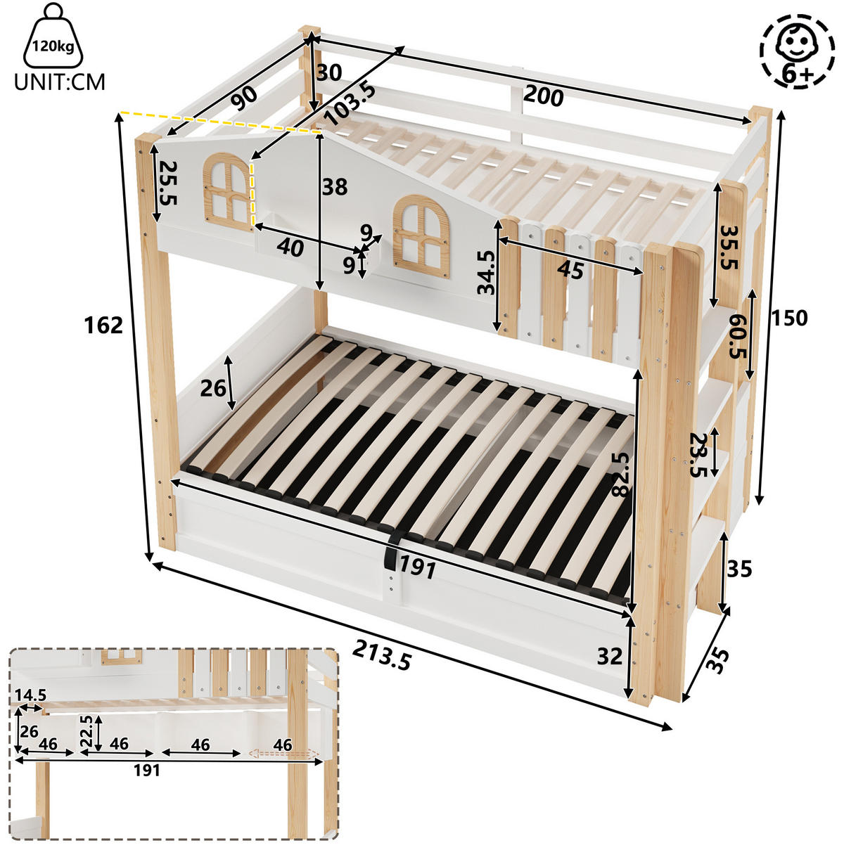 ETAGENBETT 90x200 cm im Hausdesign in Weiß/Natur mit LED-Beleuchtung und Stauraum - Weiß, Holzwerkstoff (90/200cm) - IVMEU