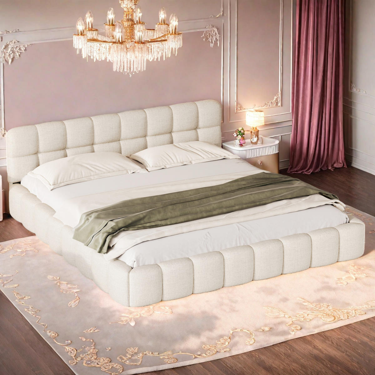 POLSTERBETT 140 x 190 cm, Bubble-Bett, mit gepolstertem Kopfteil, Lattenrost, beige, Leinenstoff. - Beige, Holz (140/200cm) - WoodenAura