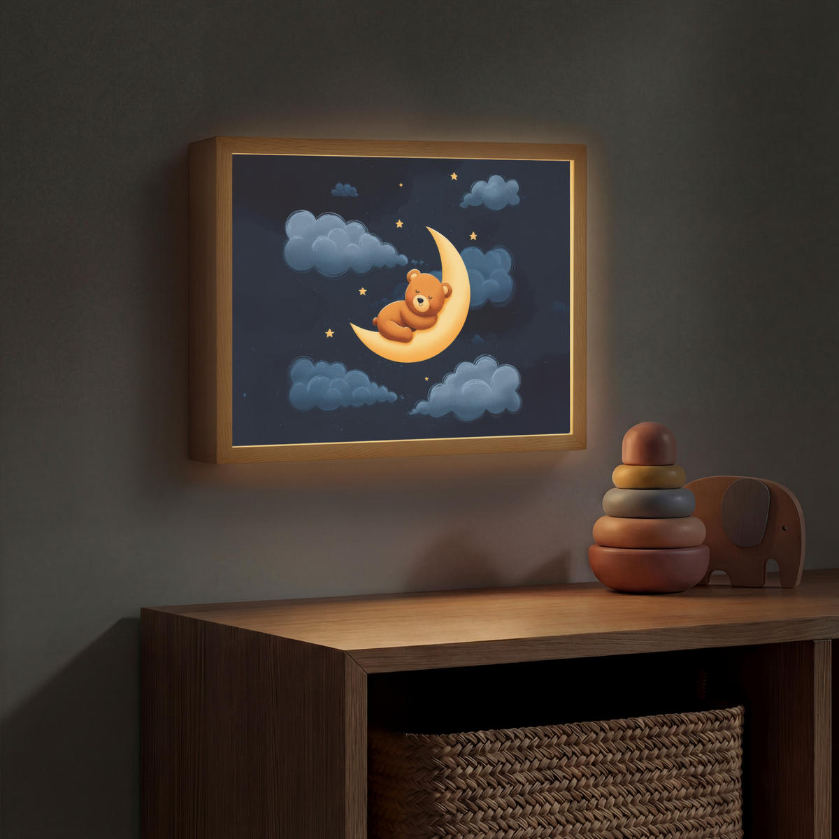 NACHTTISCHLAMPE MIT AKKU Teddybär - Mond - Wolken - Sterne 40x30 cm - Dunkelblau, Holzwerkstoff (8/40/30cm) - OnlyWow