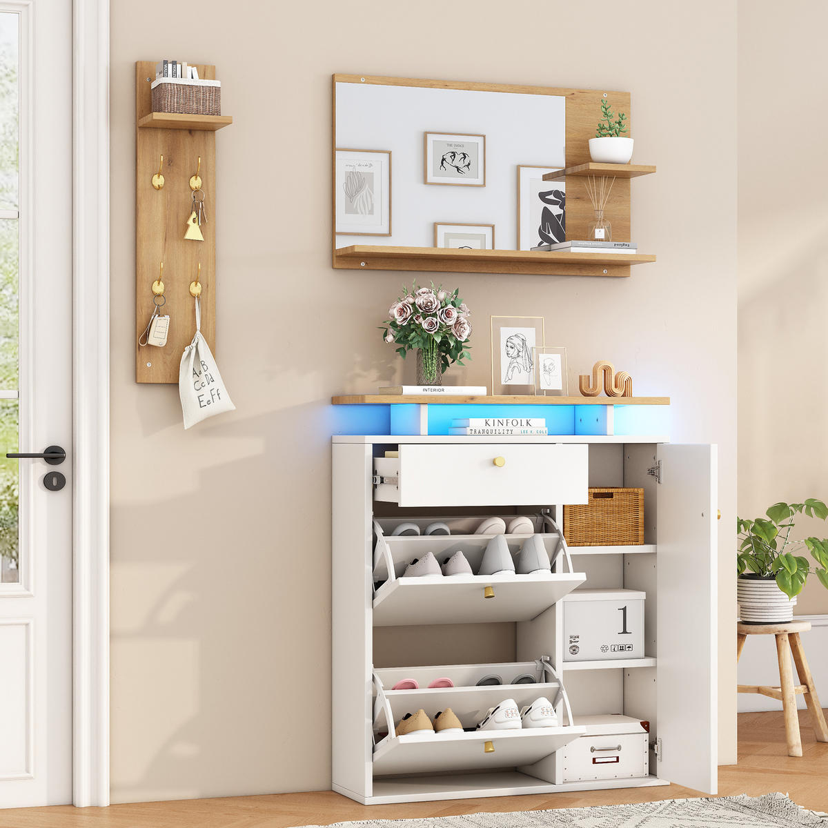 GARDEROBE-SET in Weiß Schuhschrank mit Spiegel , Hutablage , LED und 4 Haken für Flur , B105/T25/H151.5cm - Weiß, Holzwerkstoff (85/101.5/25cm) - STILVORA