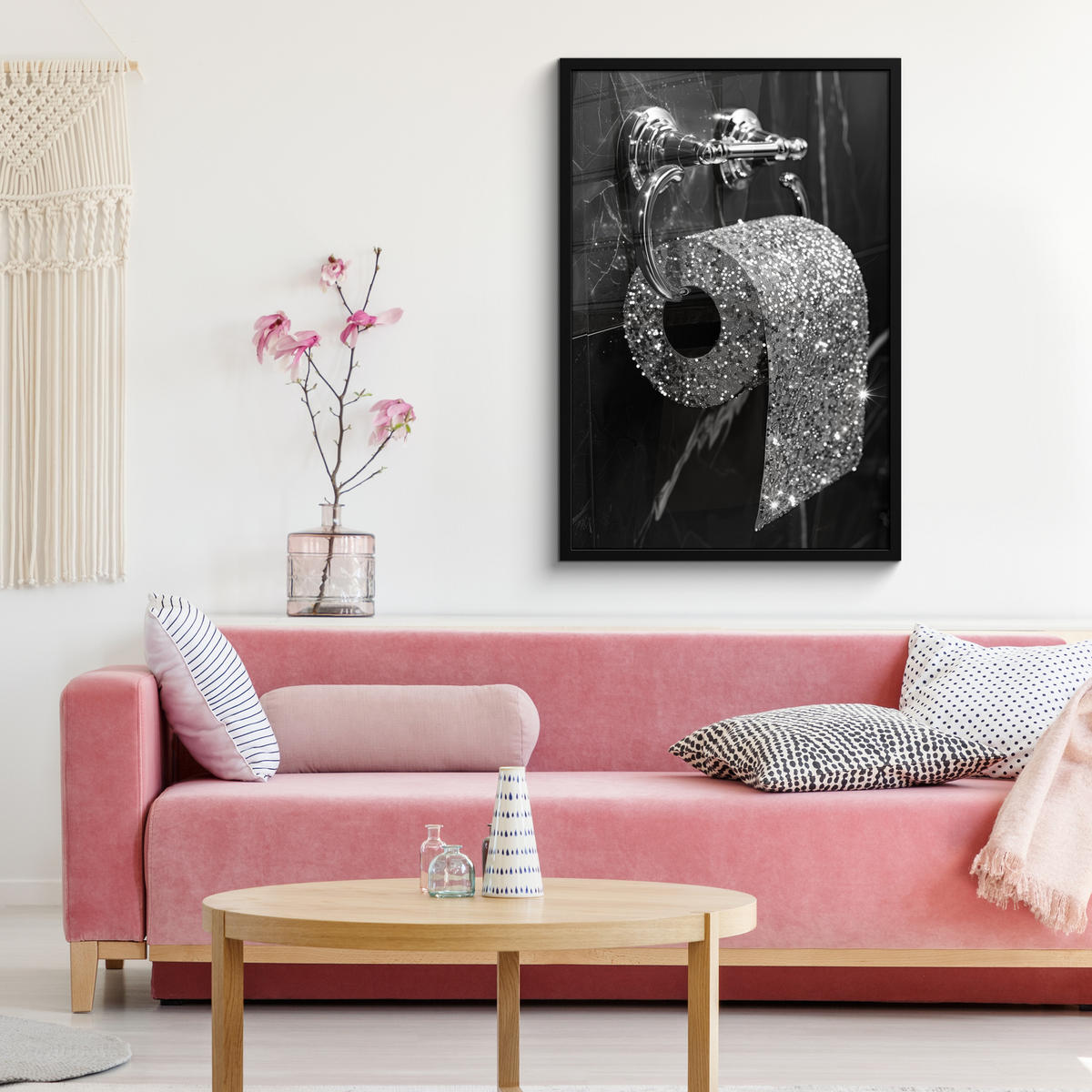 ZARÁMOVANÝ PLAGÁT WC - toaletný papier - čiernobiely - trblietky 60x90 cm - strieborná, papier (60/90cm) - MuchoWow