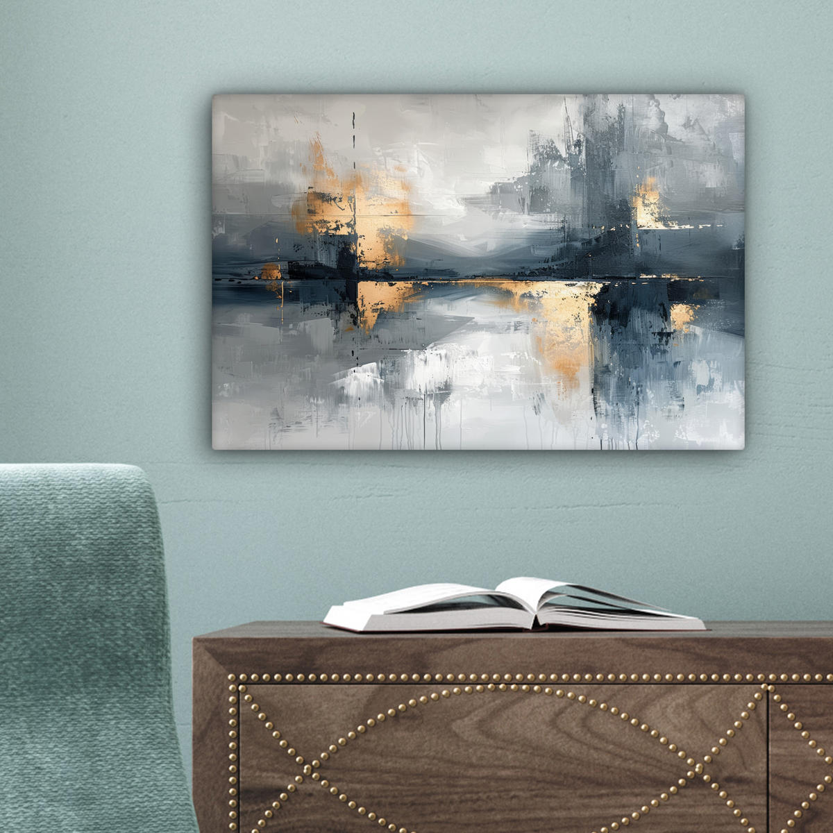 LEINWANDBILD Kunst - Grau - Gold - Abstrakt Deko Schlafzimmer 30x20 cm - Dunkelgrau, Textil (30/20cm) - MuchoWow