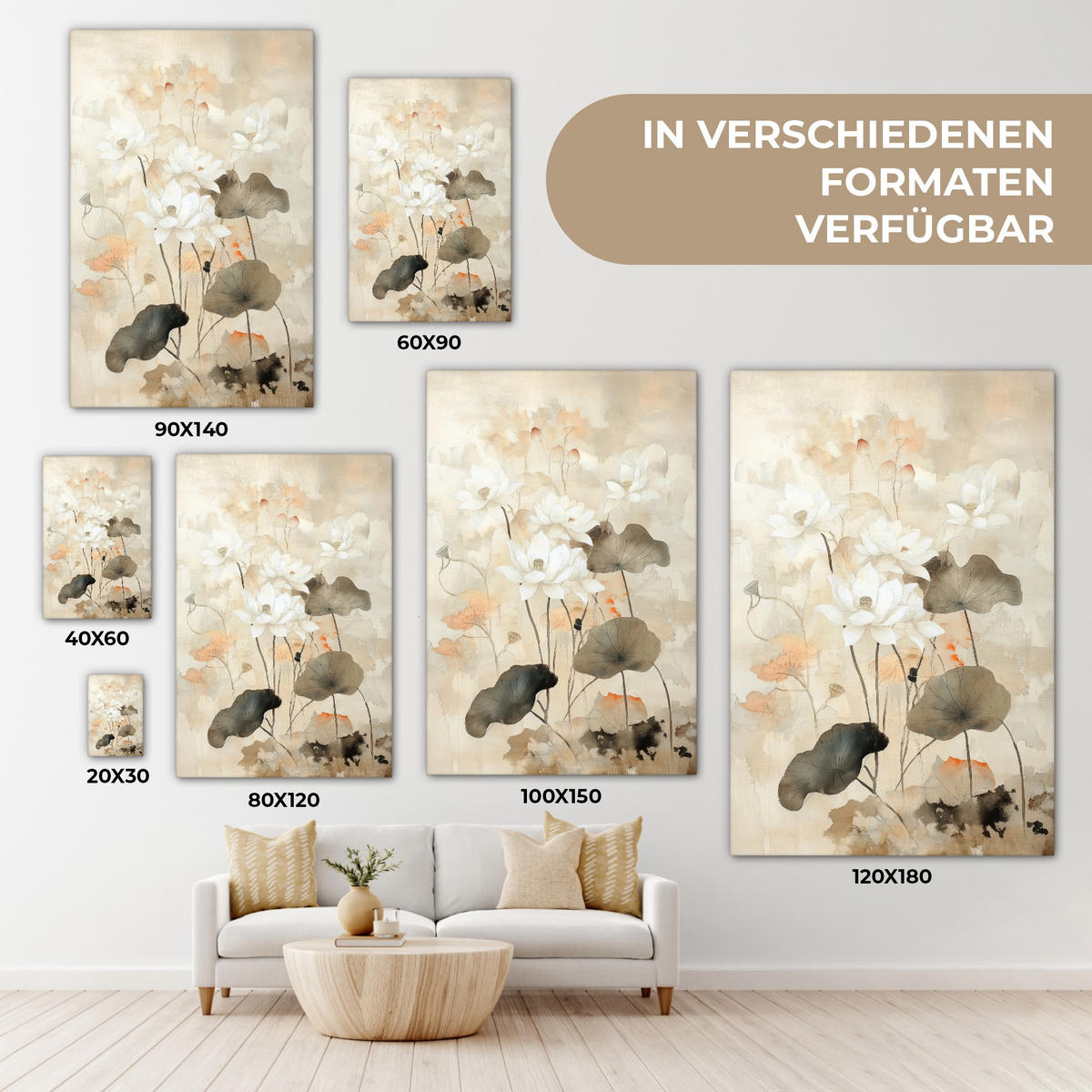 LEINWANDBILD Blumen - Japandi - Wabi sabi 60x90 cm - Sandfarben, Textil (60/90cm) - MuchoWow
