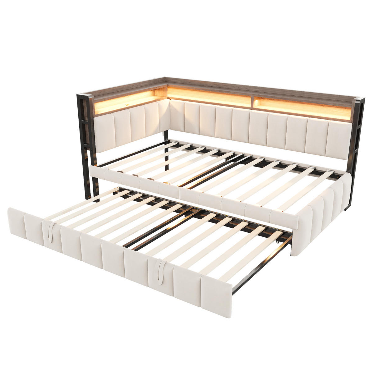BETT 90/200 cm in Beige mit Ausziehbett, LED und USB-C - Beige, Textil (90/200cm) - BEAOK