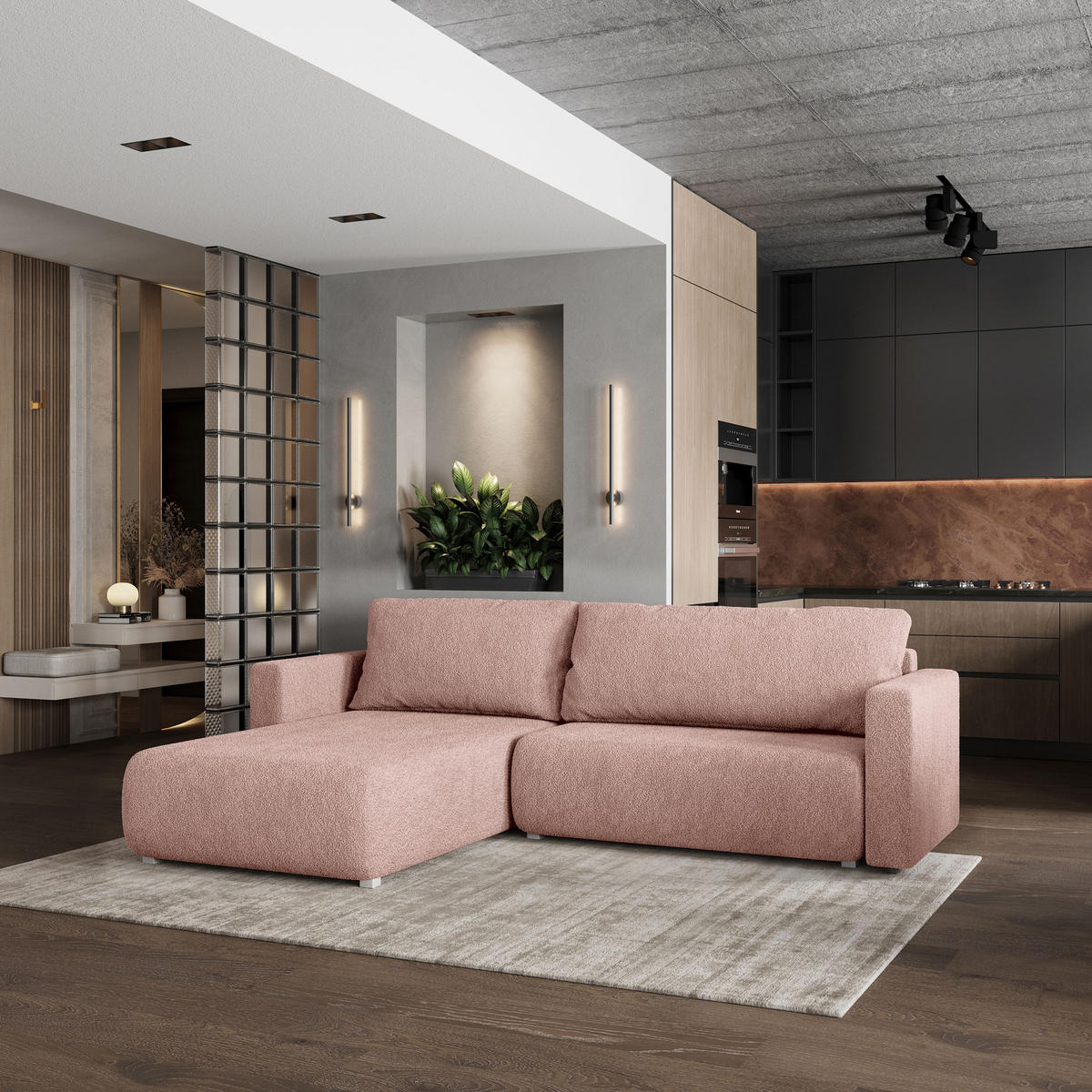 ROHOVÁ SEDAČKA TURIN starorůžová - šedá/starorůžová, dřevo/textil (265/183cm) - MASSENO