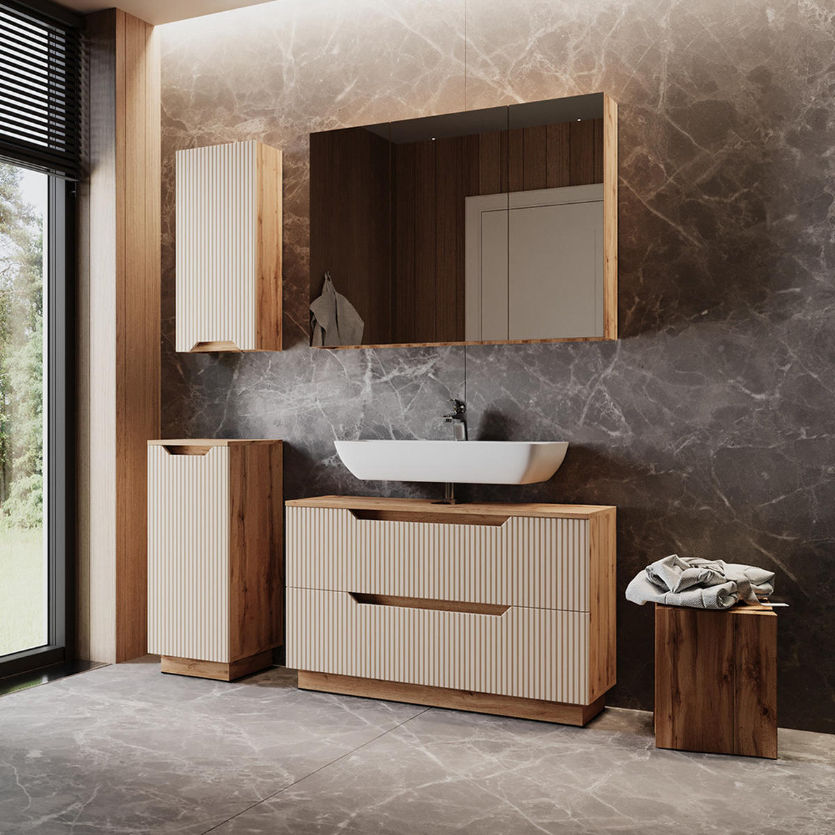 BADMÖBEL-SET Lotta Eiche/Kaschmir gestreift 4 Teile - Kaschmir/Eichefarben, Holzwerkstoff (99.4/62.5/32cm) - Vicco