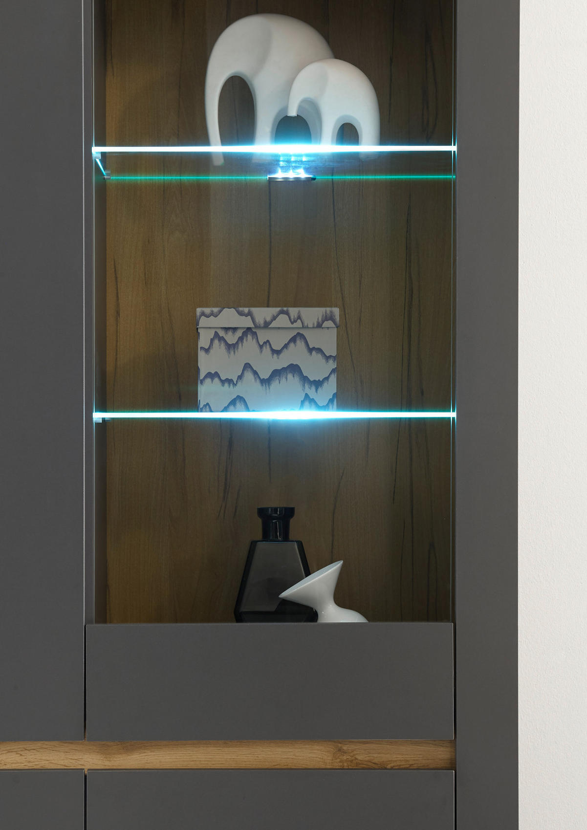 VITRINE anthrazit, Wotan Eiche, Vitrinenschrank 96 x 206 cm mit 10 Fächern - Eichefarben/Anthrazit, Glas/Eichenholz (96/206/38cm) - Furn.Design