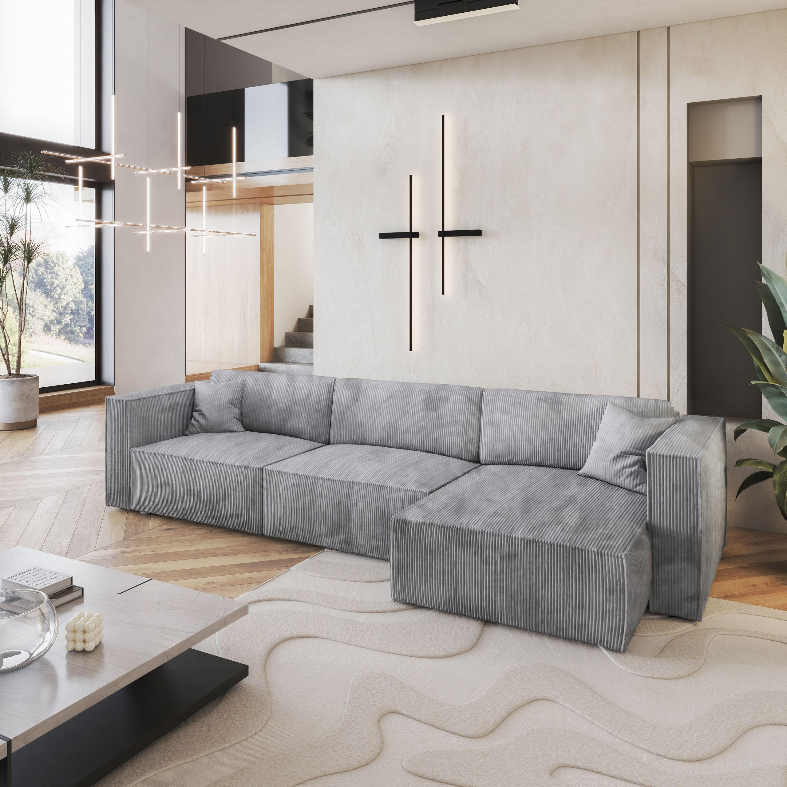 ECKSOFA TOLMO P Hellgrau Kordstoff mit Schlaffunktion - Hellgrau, Holz (347/148cm) - MASSENO