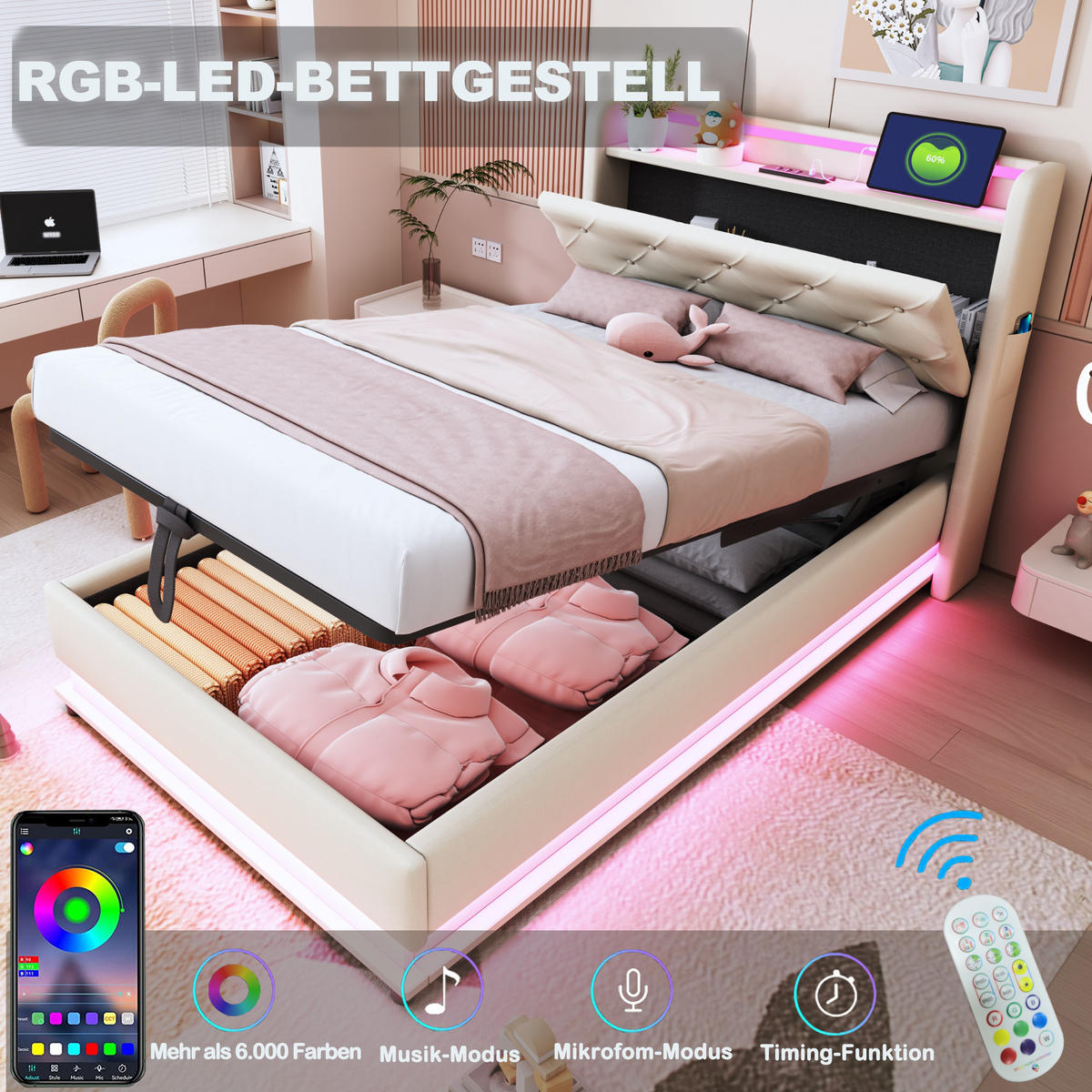 KINDERBETT 90/200 cm Beige mit LED-Beleuchtung USB- und Type-C-Anschlüssen und Hydraulikstauraum - Beige, Textil (90/200cm) - OKWISH