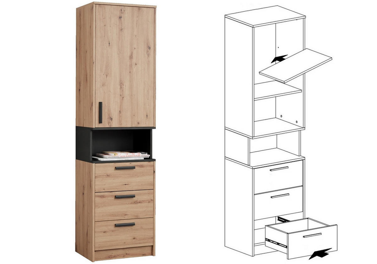 DREHTÜRENSCHRANK ECKSCHRANK REGAL GRANT SET 15/A EICHE ARTISAN 143/195/91 - Schwarz/Eiche Artisan, Holzwerkstoff/Kunststoff (143/195/91cm) - Marmex Möbel