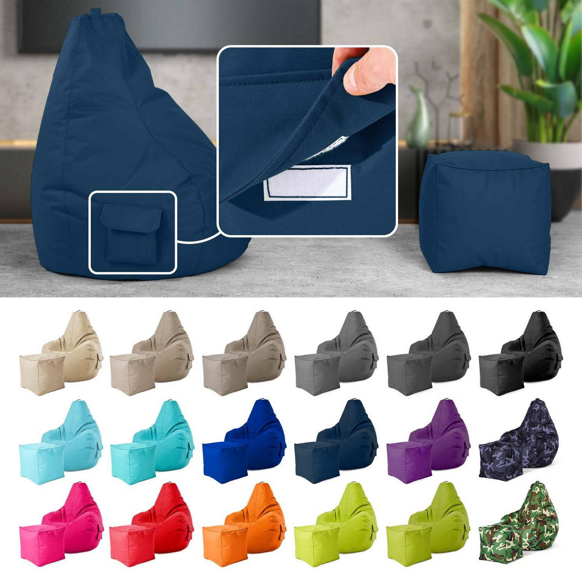 SITZSACK + Hocker "Cozy+Cube" 2er Set - Dunkelblau, Textil (70/90/80cm) - Green Bean