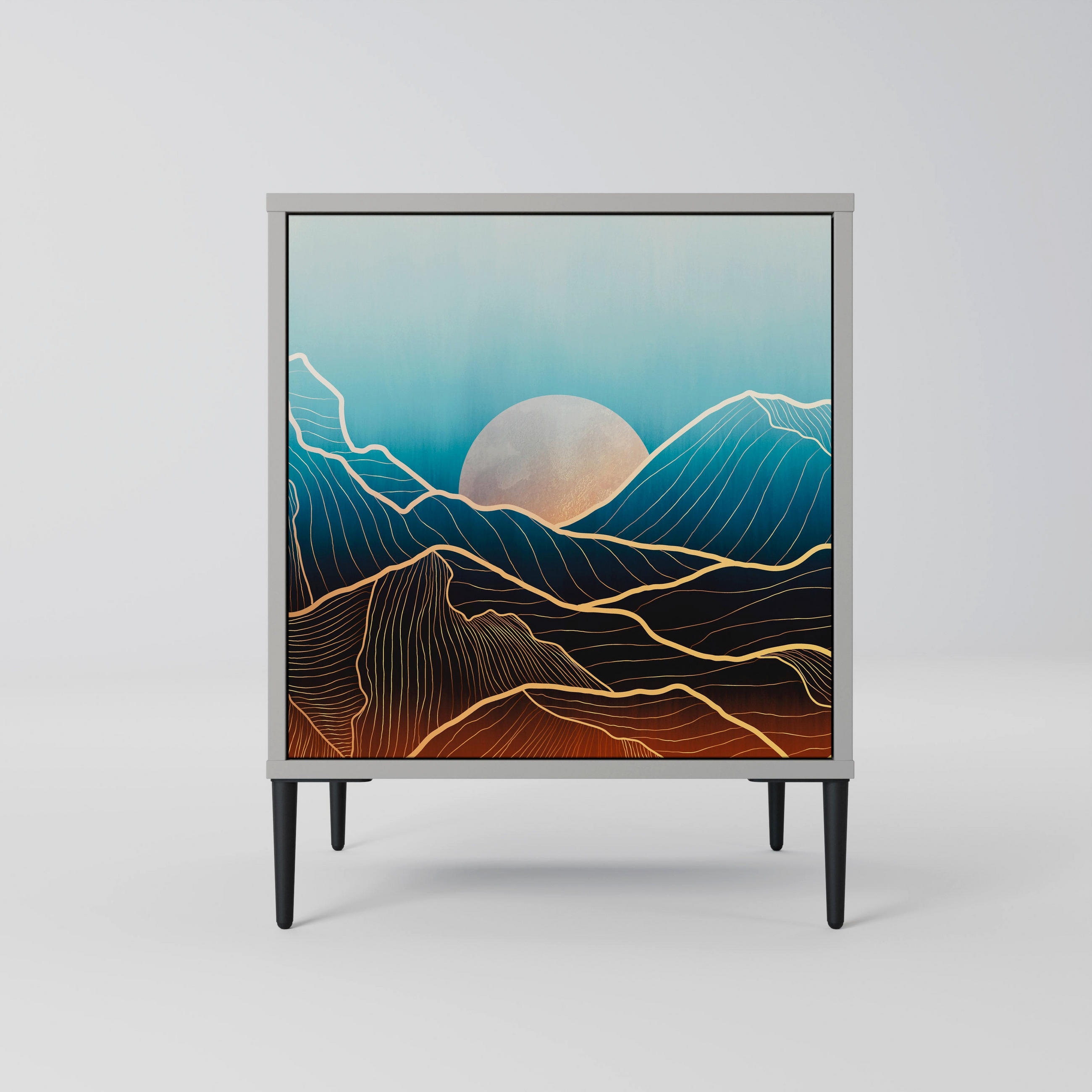 SIDEBOARD LUNAR SECRETS, Grau, 57,5x42x72,5 cm, Schwarze Metallfüße - Multicolor/Schwarz, Holzwerkstoff/Metall (57.5/72.5/42cm) - SpaceRebels