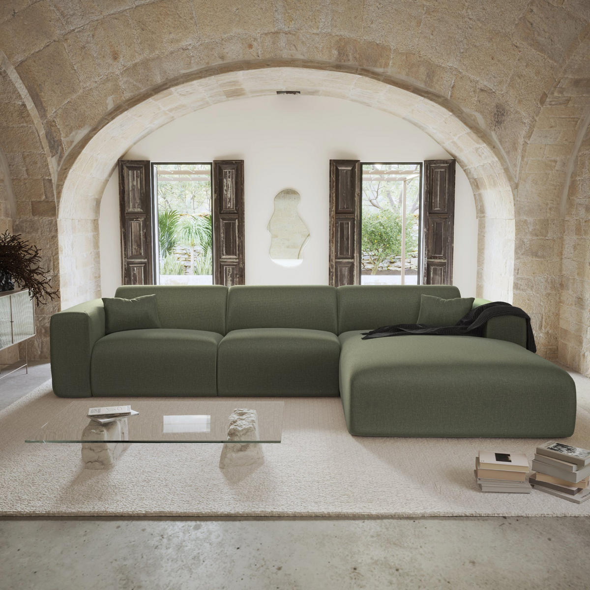 ECKSOFA RECHTS SCHLAFSOFA Rastergewebe Olivgrün 280cm - Olivgrün/Grün, Textil (280/165cm) - Sia Home