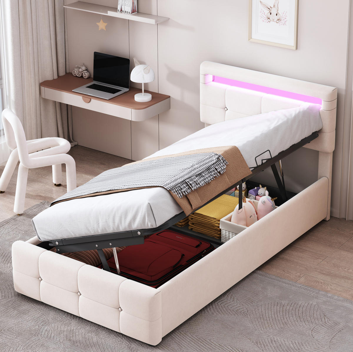 POLSTERBETT 90/200 cm Beige aus Samt mit LED-Beleuchtung und Stauraum - Beige, Textil (90/200cm) - OKMYHOME