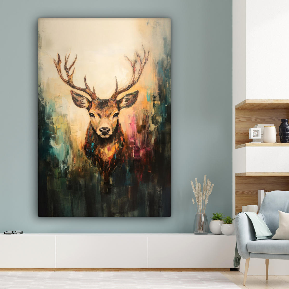 LEINWANDBILD Hirsch - Gemalt - Geweih - Braun 90x140 cm - Haselnussfarben, Textil (90/140cm) - MuchoWow