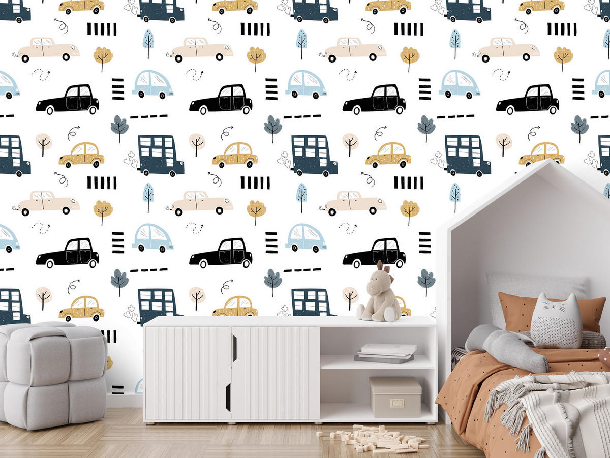 VLIESTAPETE Pastellautos und Bäume – Blau, Beige, Weiß – 50x1000 cm - Blau/Beige, Papier (50/1000cm) - Muralo