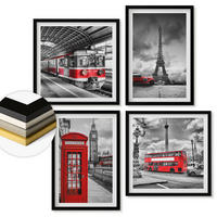 WANDBILDER 4er-Set - 50x50 cm & 40x60 cm Schwarzer Rahmen - Ikonische Städte London Paris Eisenbahn - Schwarz, Kunststoff (50/50cm) - ArtPrintCave