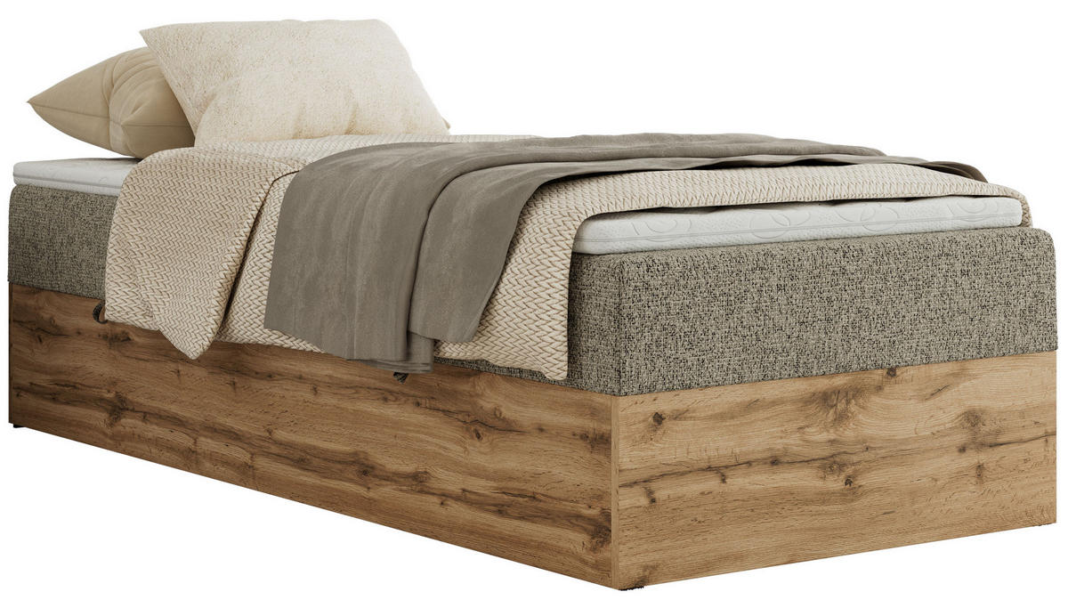 BOXBETT WOOD ZERO 90/200 - Dunkelbeige Struktur - H4 - Topper Visco - Cappuccino, Textil (90/200cm) - MKS