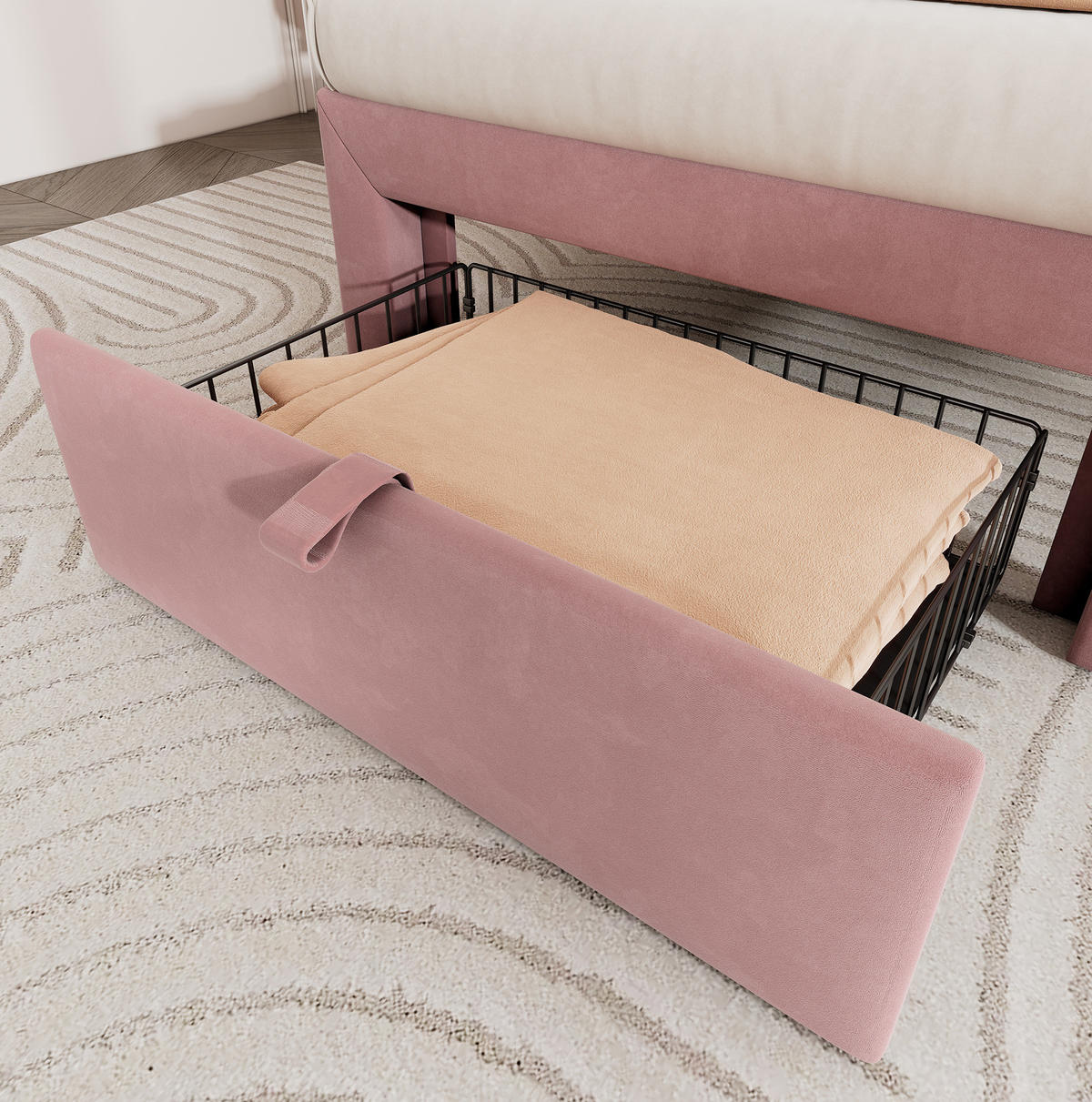 JUGENDBETT 90/200 cm aus Samt mit LED-Beleuchtung, Schublade und verstellbarem Kopfteil Rosa - Rosa, Textil (90/200cm) - Modenvie
