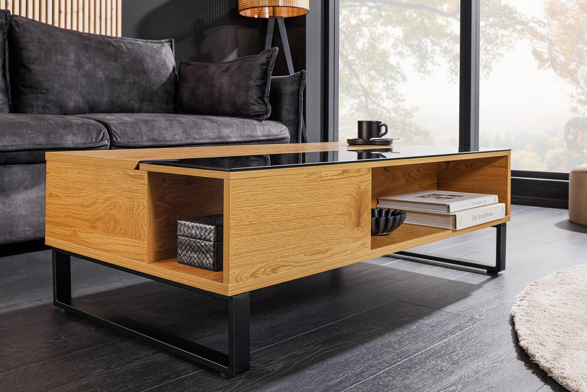 COUCHTISCH APARTMENT Schichtholz Natur 110 cm - Hellbraun/Schwarz, Glas/Holzwerkstoff (60/110/35cm) - riess-ambiente