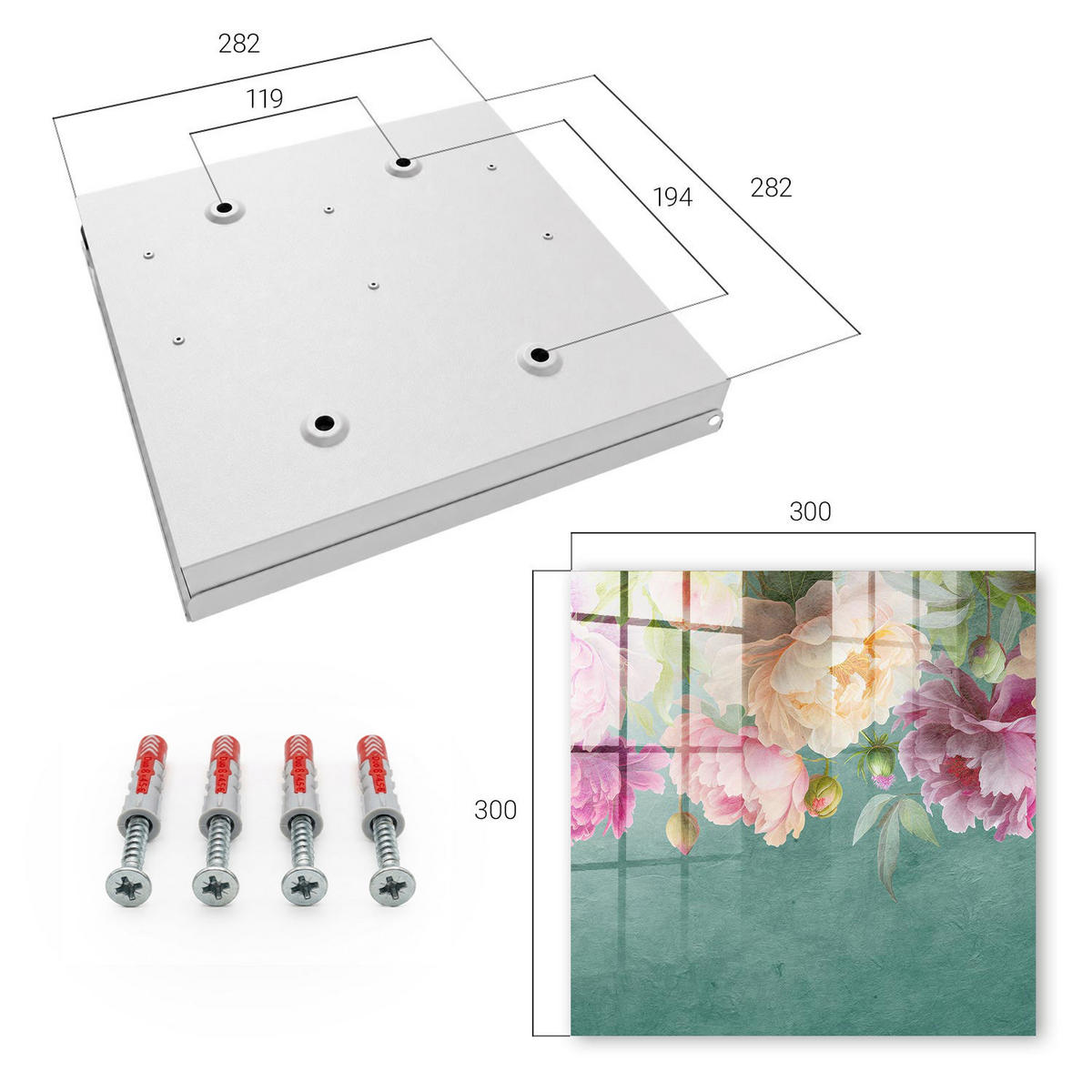 SCHLÜSSELBOX Weiß 30x30 cm – Türöffnung nach rechts - Florale Eleganz - Grün, Metall (30/30/5cm) - TULUP
