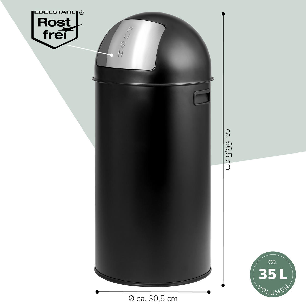 ABFALLEIMER Push-Deckel 35 L, schwarz - Schwarz, Metall (30.5/66.5/30.5cm) - eluno