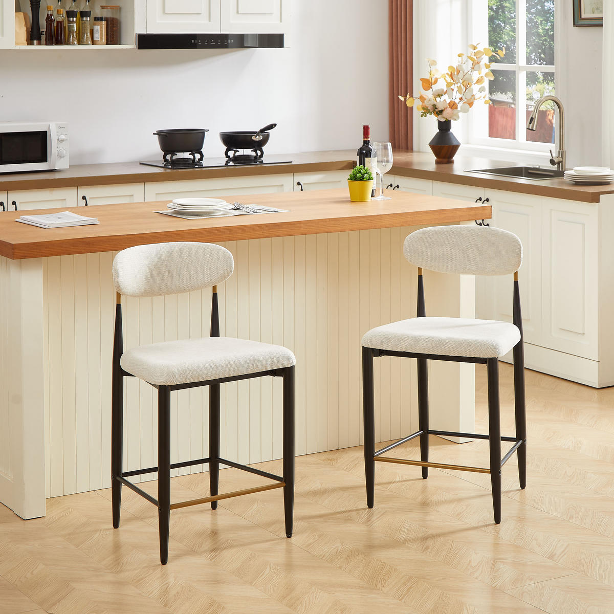 BARHOCKER 2er-Set mit Rückenlehne und Stoffkissen, Creme - Beige, Textil (51/94/50cm)