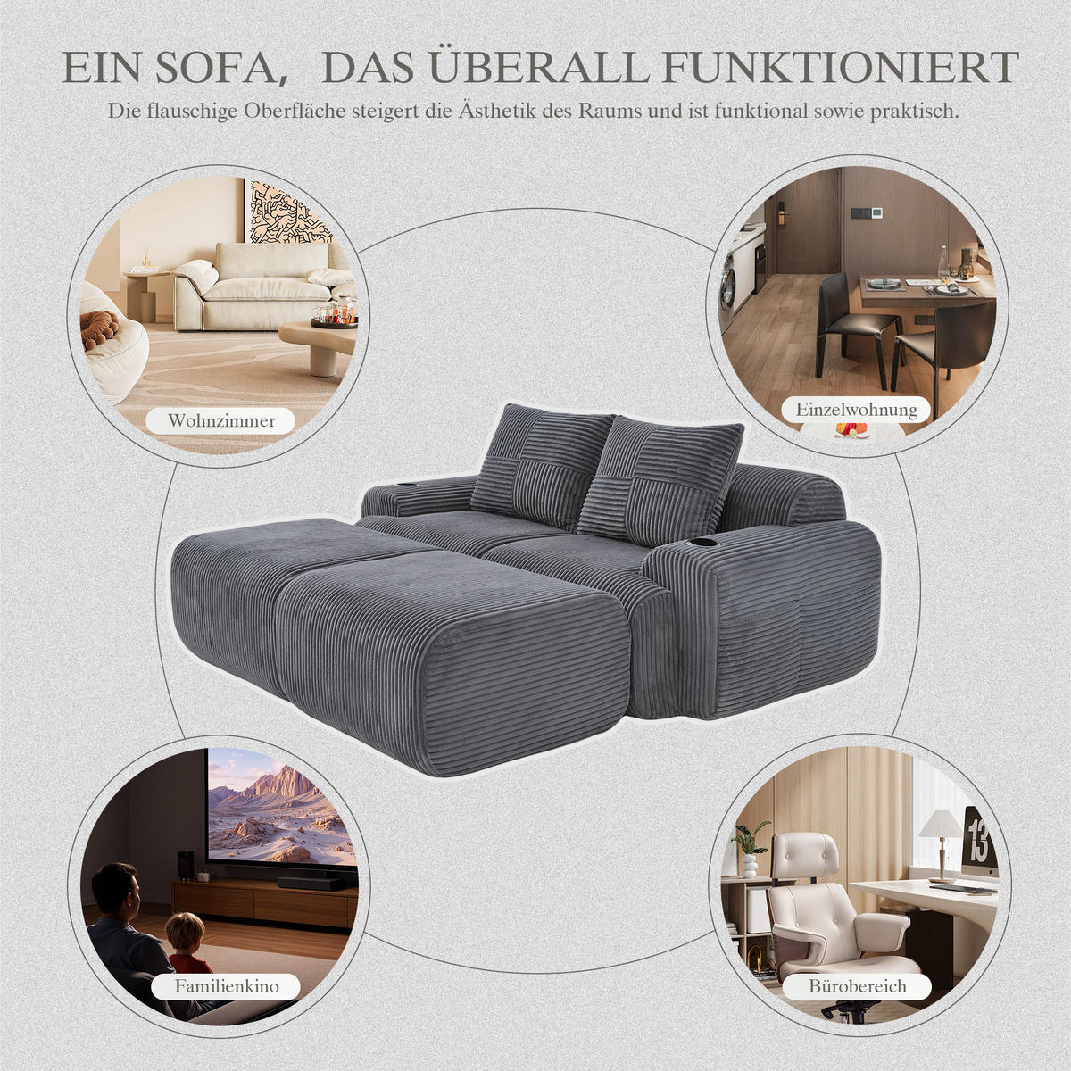 MODULARES 2-Sitzer Sofa Cordstoff mit Getränkehalter und Seitentasche 200/174/80 cm Dunkelgrau - Dunkelgrau, Textil (174/80/200cm) - Redom