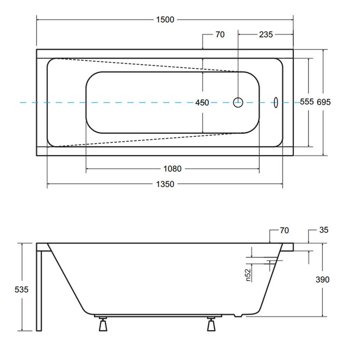 BADEWANNE Rechteck MODERN 150/70 Ablauf & Füße - Weiß, Kunststoff (70/53.5/150cm) - bad land