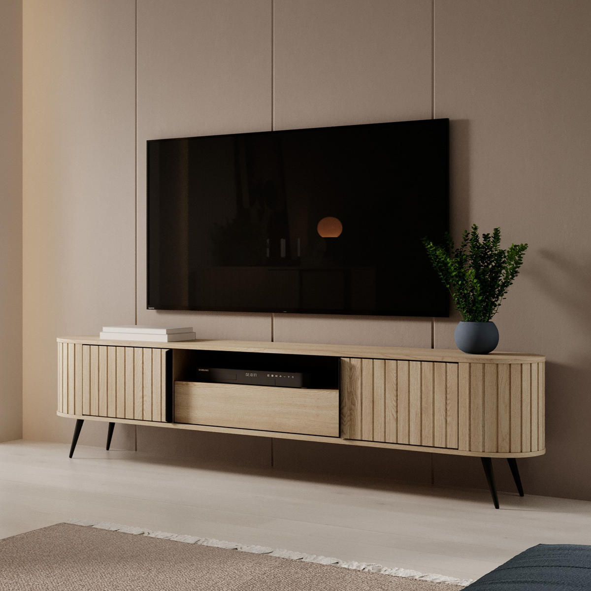TV-LOWBOARD LOVI 196 cm Eiche Cremona - mit Riffel-Front und Schiebetüren - Eichefarben/Schwarz, Holz/Holzwerkstoff (196/51/40cm) - Ravio