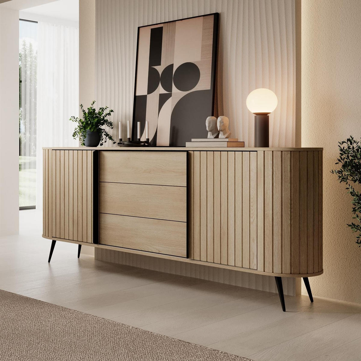 KOMMODE Rivo Eiche Cremona, mit Schubladen und Schiebetüren, geriffelten Fronten - Eichefarben/Schwarz, Holzwerkstoff/Metall (196/82/40cm) - Bettso