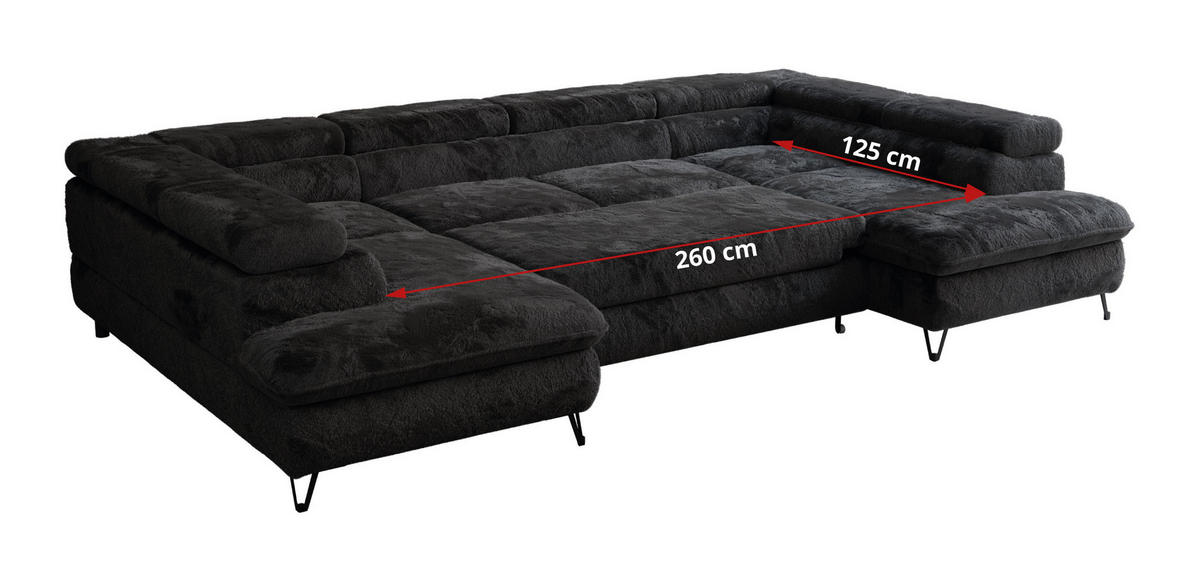 WOHNLANDSCHAFT PEDRO U Plüsch Schwarz - Schwarz, Textil/Metall (346/76/208cm) - MKS