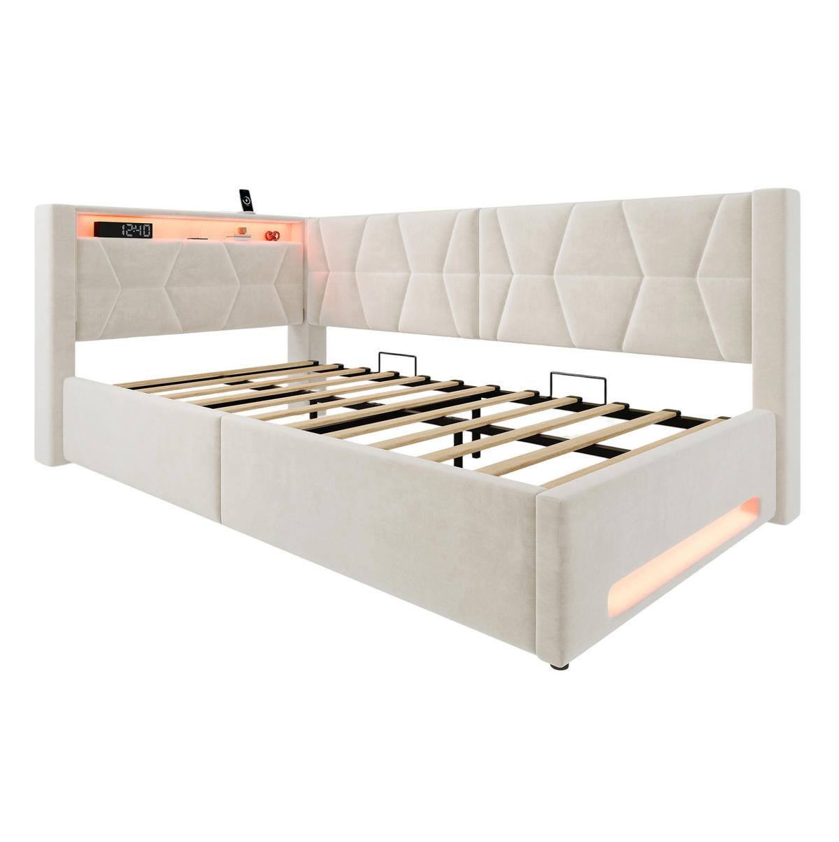 POLSTERBETT 90x200 cm in Beige mit Bettkasten, LED, USB und Type-C - Beige, Metall (90/200cm) - IVMEU