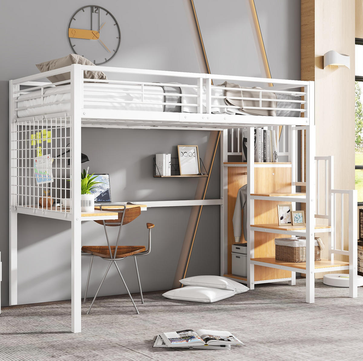 VYSOKÁ posteľ 90/200 cm biela/prírodná s písacím stolom a šatníkom z kovu a MDF - biela, kompozitné drevo (90/200cm) - OKWISH