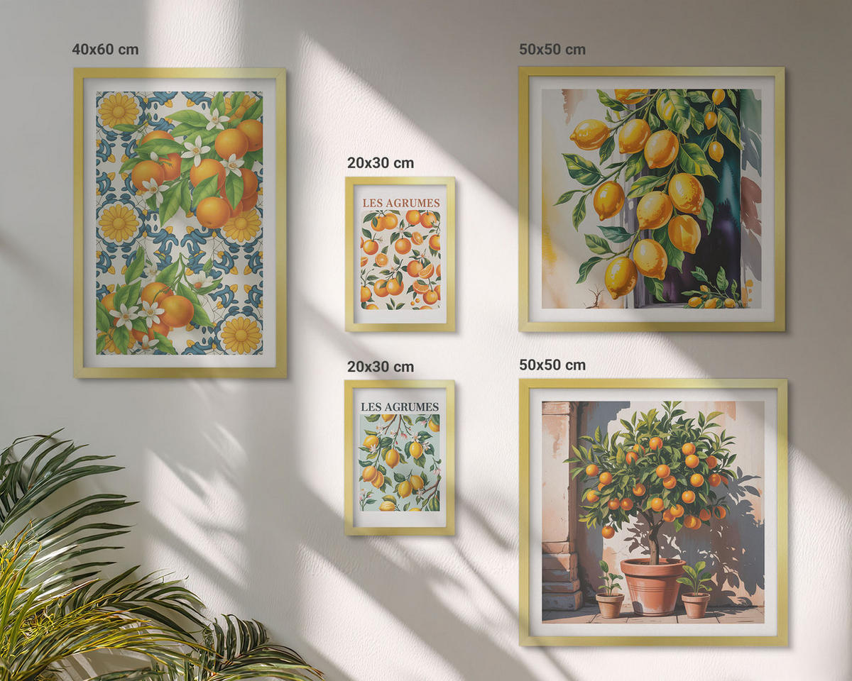 BILDER SET 5er Set - 50x50 cm & 20x30 cm & 40x60 cm Goldrahmen - Retro gelbe Zitrusfrüchte - Goldfarben, Kunststoff (40/60cm) - TULUP