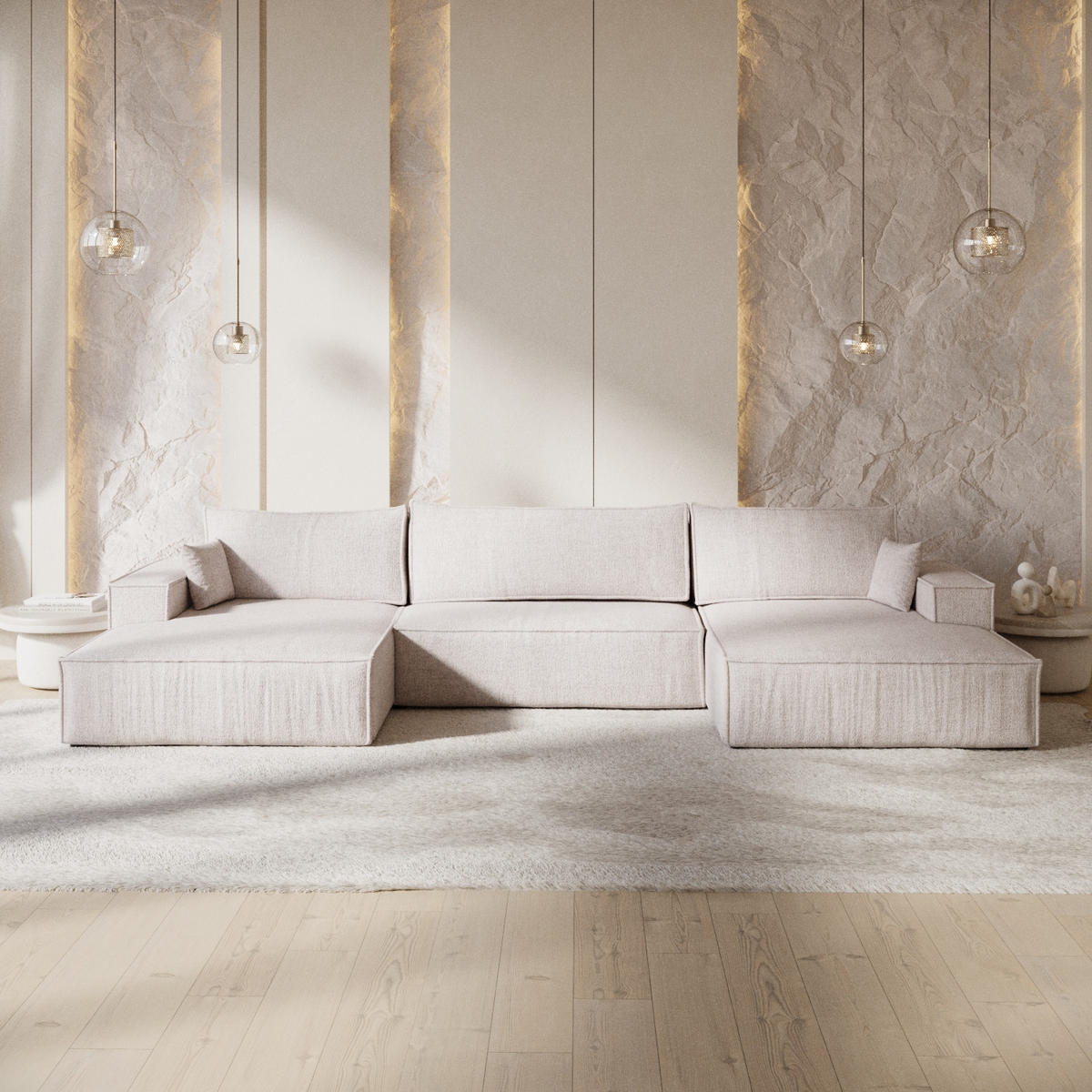 WOHNLANDSCHAFT NUBO mit Schlaffunktion Creme im Neve Stoff - Sandfarben/Schwarz, Holz/Holzwerkstoff (398/70/148cm) - AltaBeds