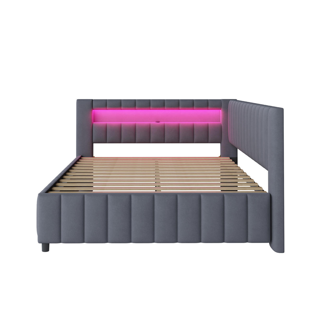 ČALÚNENÁ posteľ 140/200 cm s LED osvetlením, USB portom, opierkou chrbta a stabilným lamelovým roštom, Sivá - sivá, textil (140/200cm) - Redom