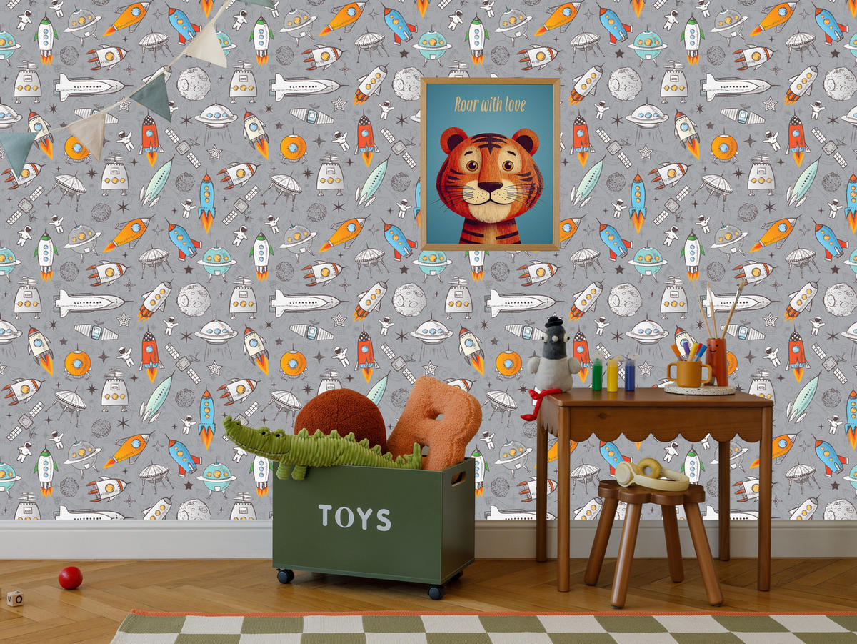 VLIESTAPETE Raketen und Astronauten – Bunt, Grau – 50x1000 cm - Multicolor/Grau, Papier (50/1000cm) - Muralo