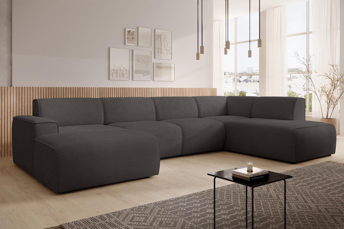 WOHNLANDSCHAFT Didim Grau 378/220/78 cm – großes Sofa stilvoll & bequem R - Schwarz/Grau, Kunststoff/Textil (378/78/220cm) - AX Living