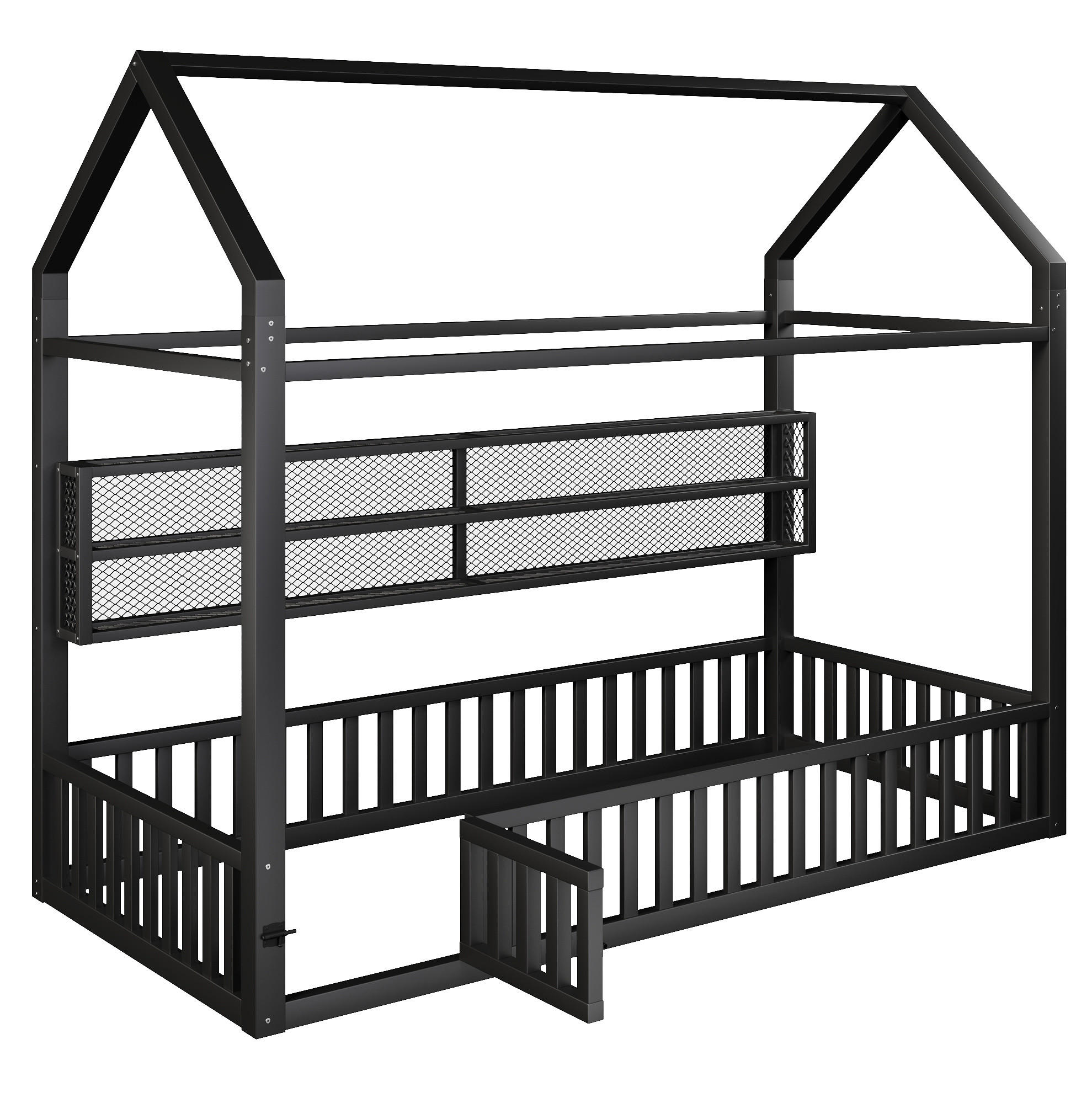KINDERBETT 90/200 cm in Hausform aus Metall mit Sicherheitszaun und LED - Schwarz, Metall (90/200cm) - BEAOK