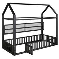 KINDERBETT 90/200 cm in Hausform aus Metall mit Sicherheitszaun und LED - Schwarz, Metall (90/200cm) - BEAOK