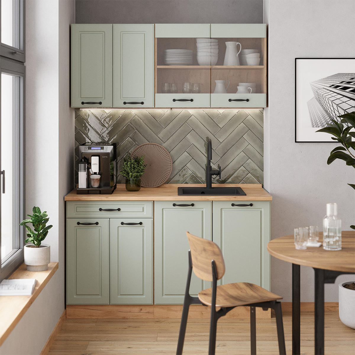 SINGLEKÜCHE R-Line, Mint Landhaus/Goldkraft Eiche, 140 cm Arbeitsplatte Marmor - Honigeiche/Grün, Holzwerkstoff (140/81.6/60cm) - Vicco