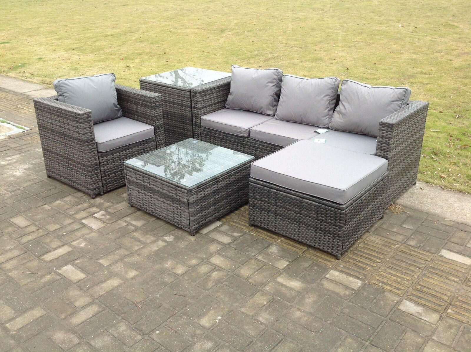 GARTENMÖBELSET mit Couchtisch Polyrattan 5-Sitzer - Dunkelgrau/Grau, Glas/Kunststoff - Fimous